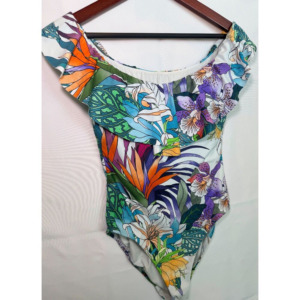 Trina Turk Womens 12 Tropical Floral Off The Shoulder Ruffle One Piece Swim